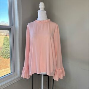 Adrienne Ethereal Ruffle Mock Neck Blouse Salmon Pink Dainty Feminine Large BN11